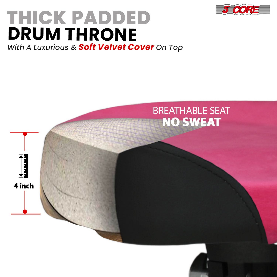Start2Finish 5 Core Drum Throne with padded seat, backrest, and airlift adjustable height for ergonomic comfort during drumming.