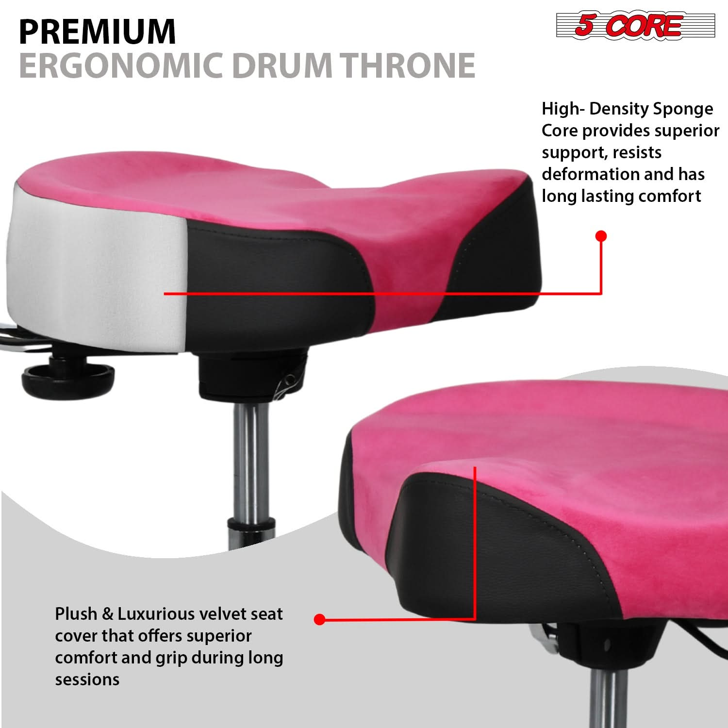 Start2Finish 5 Core Drum Throne with 4-inch padded seat, backrest, and airlift adjustment for ergonomic drummers.