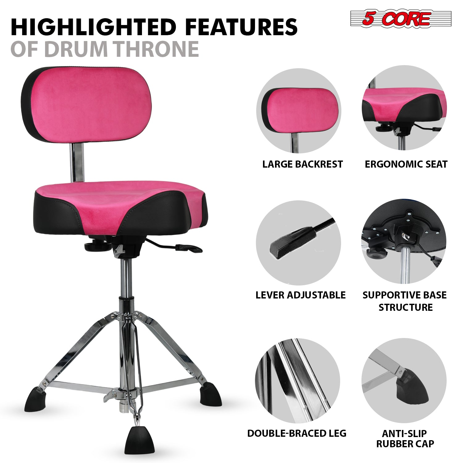 Start2Finish 5 Core Drum Throne with 4-inch padded seat, backrest, and airlift adjustable height for ergonomic drumming comfort.
