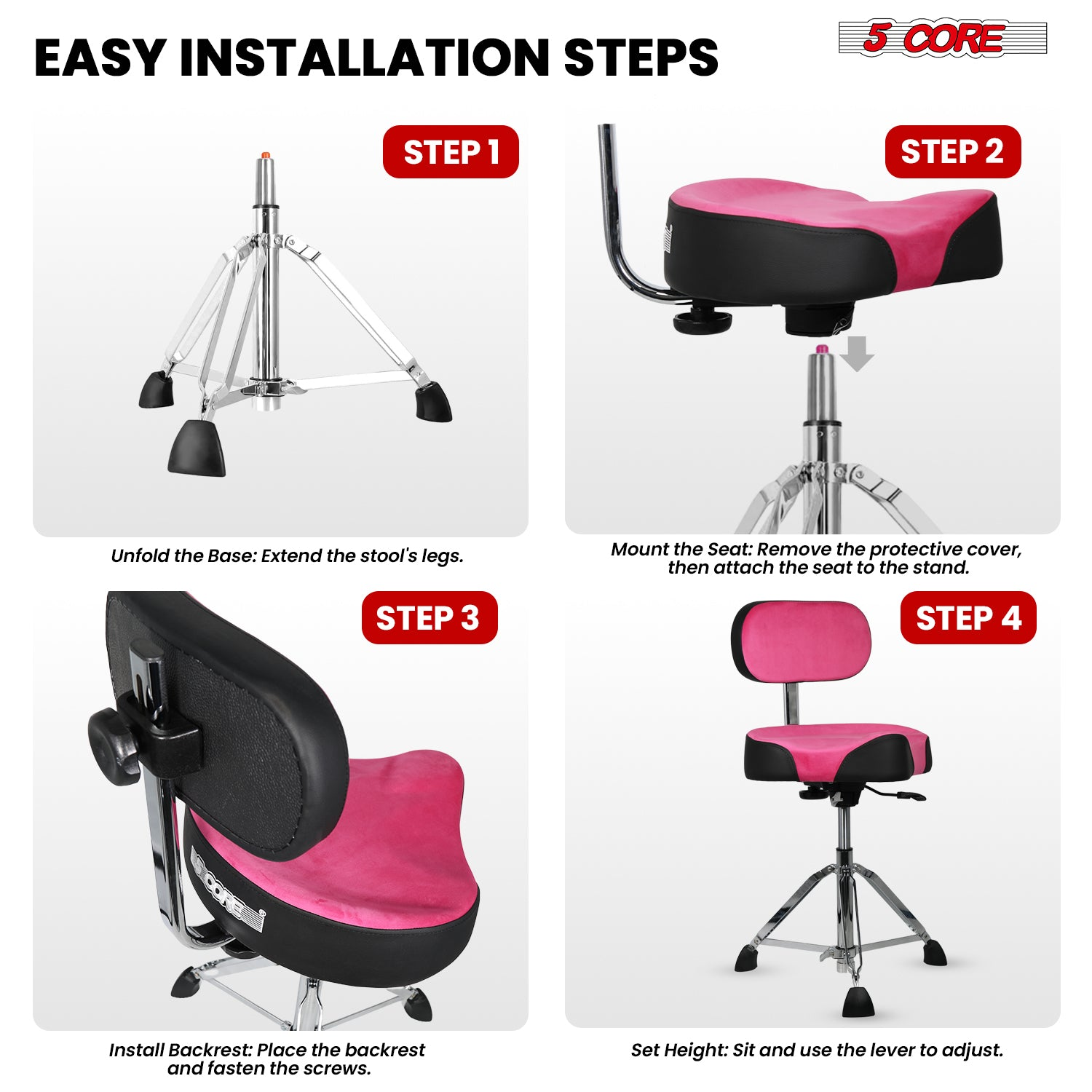 Start2Finish 5 Core Drum Throne with 4-inch padded seat, backrest, and airlift adjustment for ergonomic comfort.