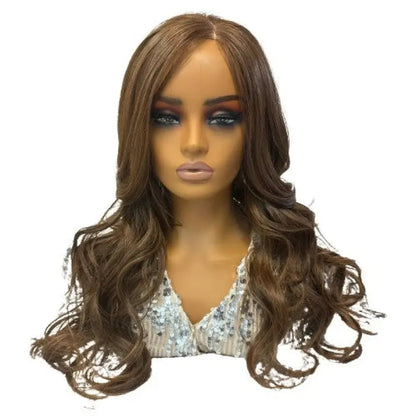 Peach Clymene Alisha layered loose curl wig with curly human hair, showcasing soft, voluminous curls in natural style.