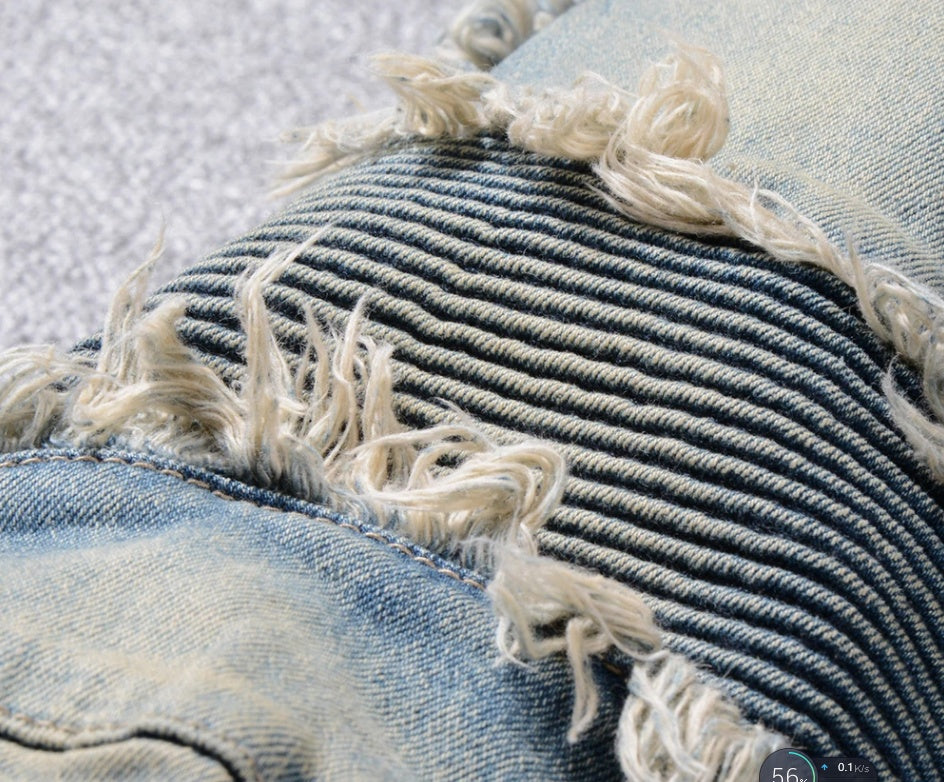 Pear Daisy denim feet moto pants, stylish blue denim with textured stitching, designed for home and garden decor.