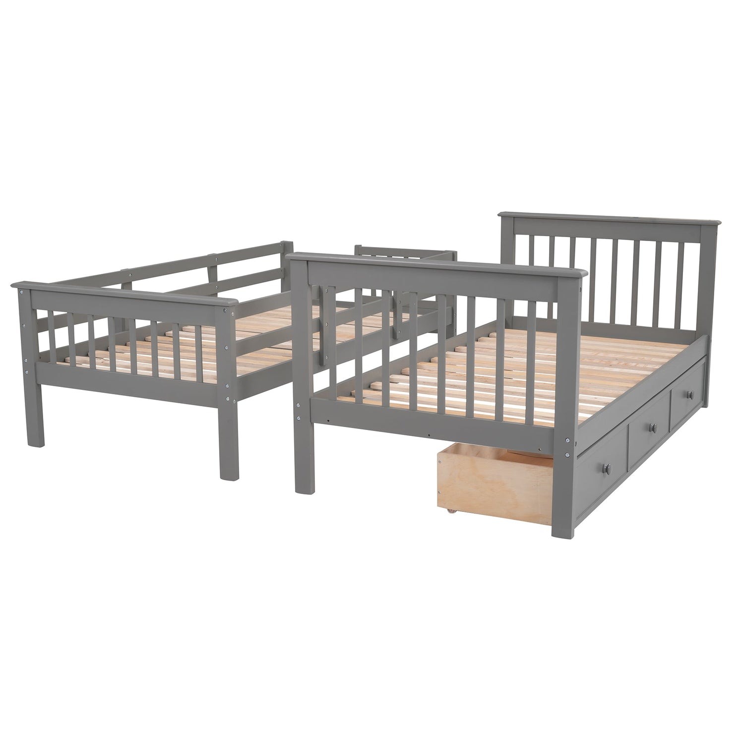 Sangria Beech twin-over-twin bunk bed with three storage drawers for bedroom or dorm, featuring a sturdy wooden frame and safety rails.