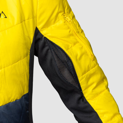 Women’s yellow EcoDown jacket by Rose Hemera, lightweight activewear with a puffy insulated design, suitable for outdoor activities.