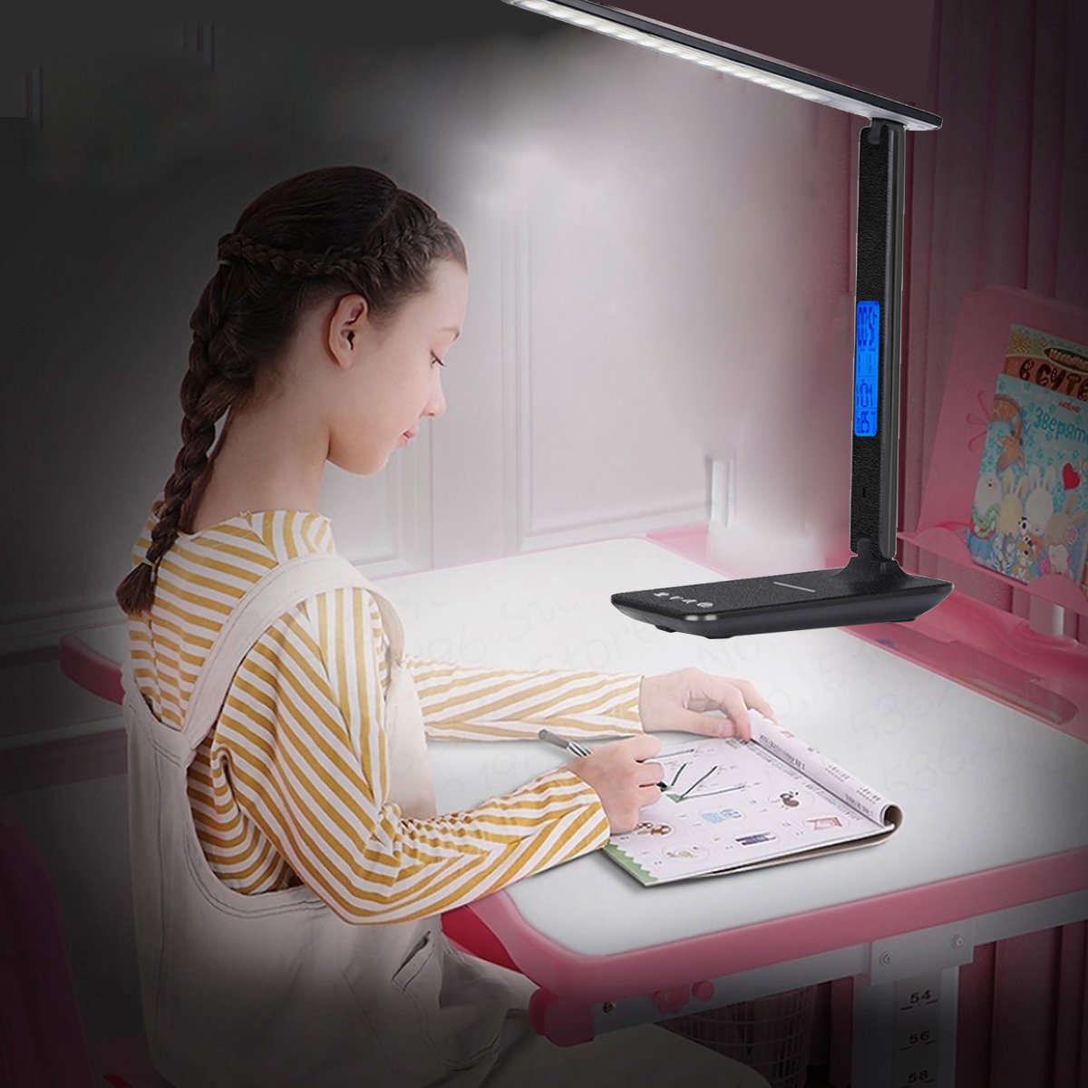Salmon Lucky 3-in-1 Lamp with phone charger, digital clock, and thermostat, featuring a modern design with a built-in light and display.
