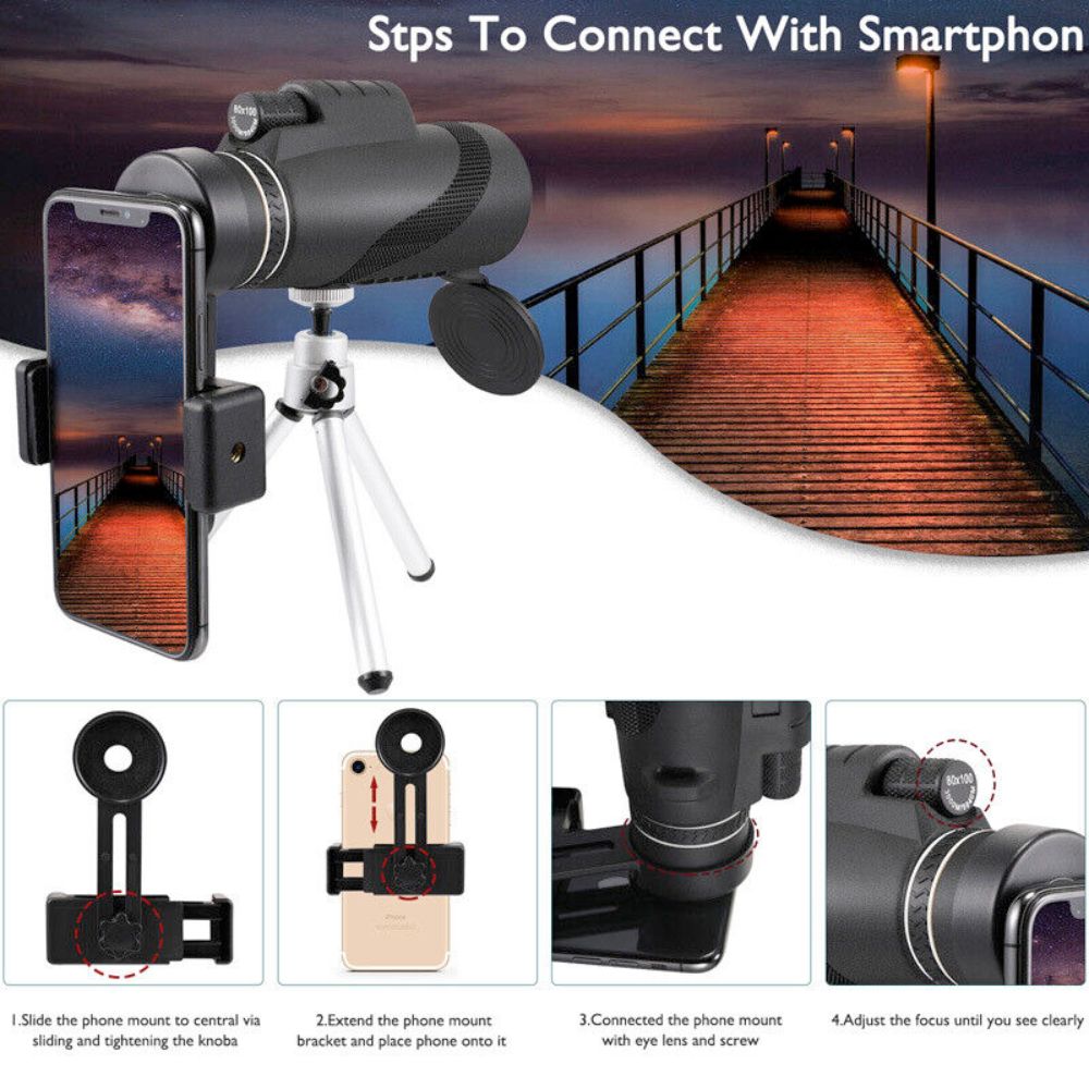 Yellow Pandora HD monocular tripod for smartphones, adjustable mobile and laptop accessory with stable tripod stand.