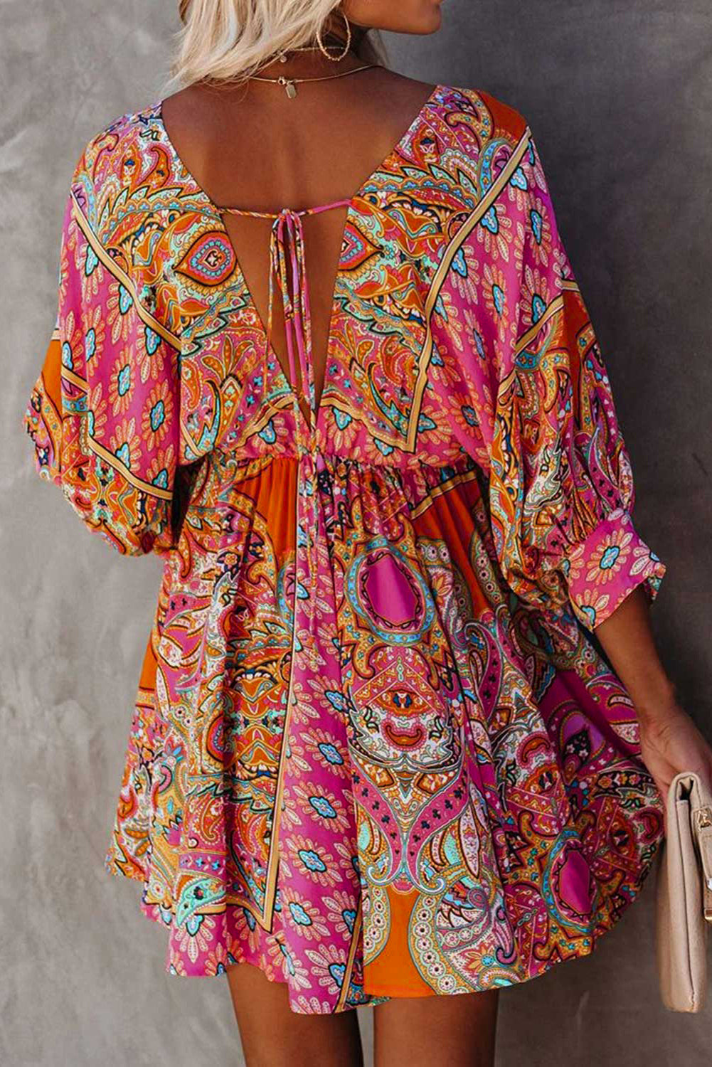 Multicolour V-neck bohemian vintage print mini dress with 3/4 sleeves for women by Lavender Pallas.