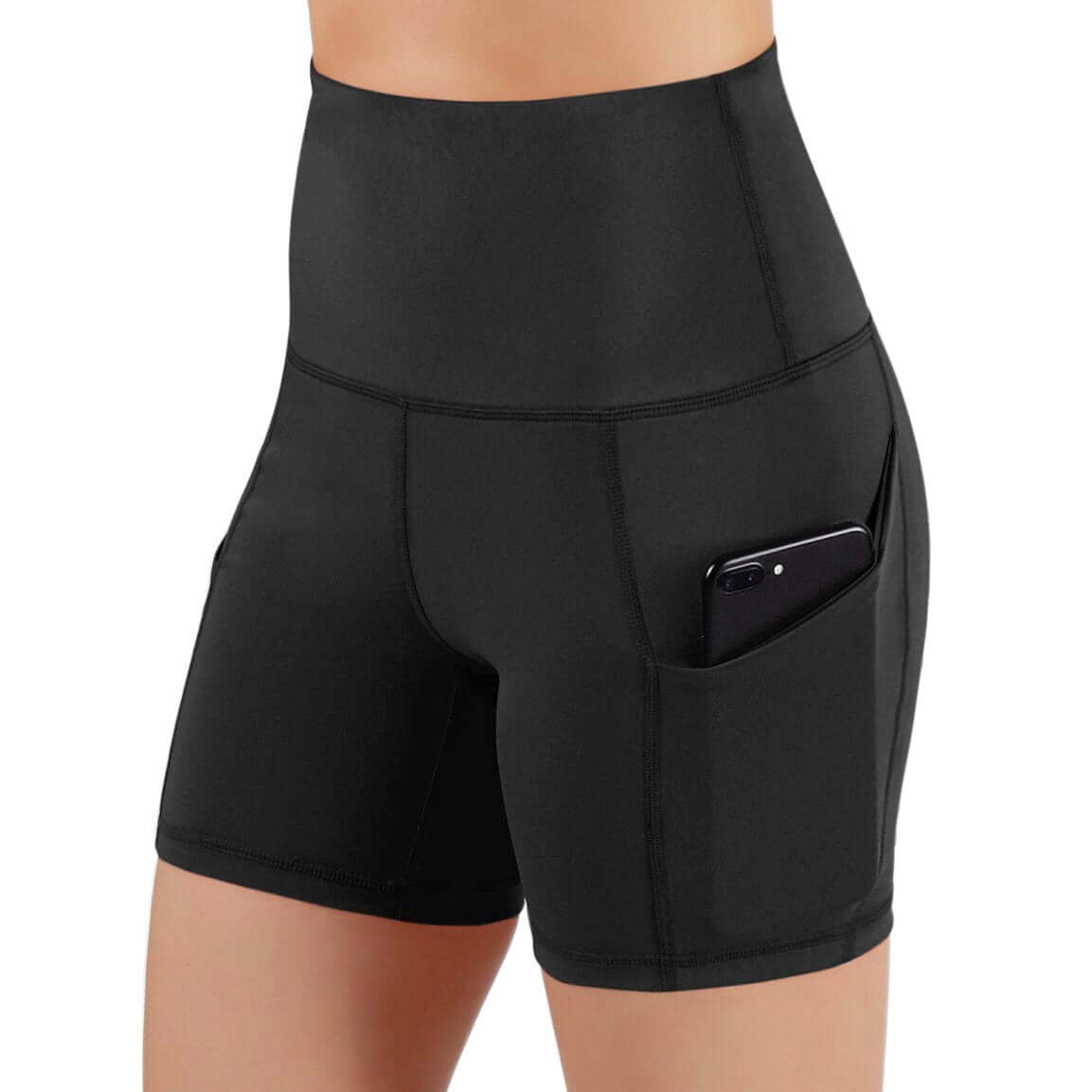 Black Lavender Jolie high-waisted athletic shorts with hip pockets, lightweight activewear for running or gym workouts.