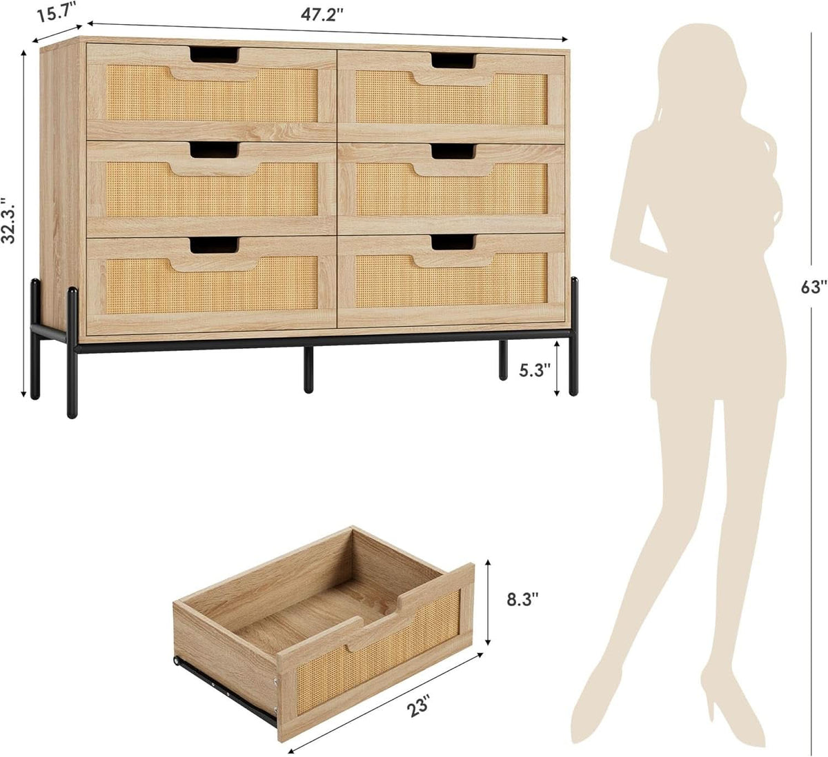 Rattan Open work Braided Chest Of Six Drawers Walnut Finish