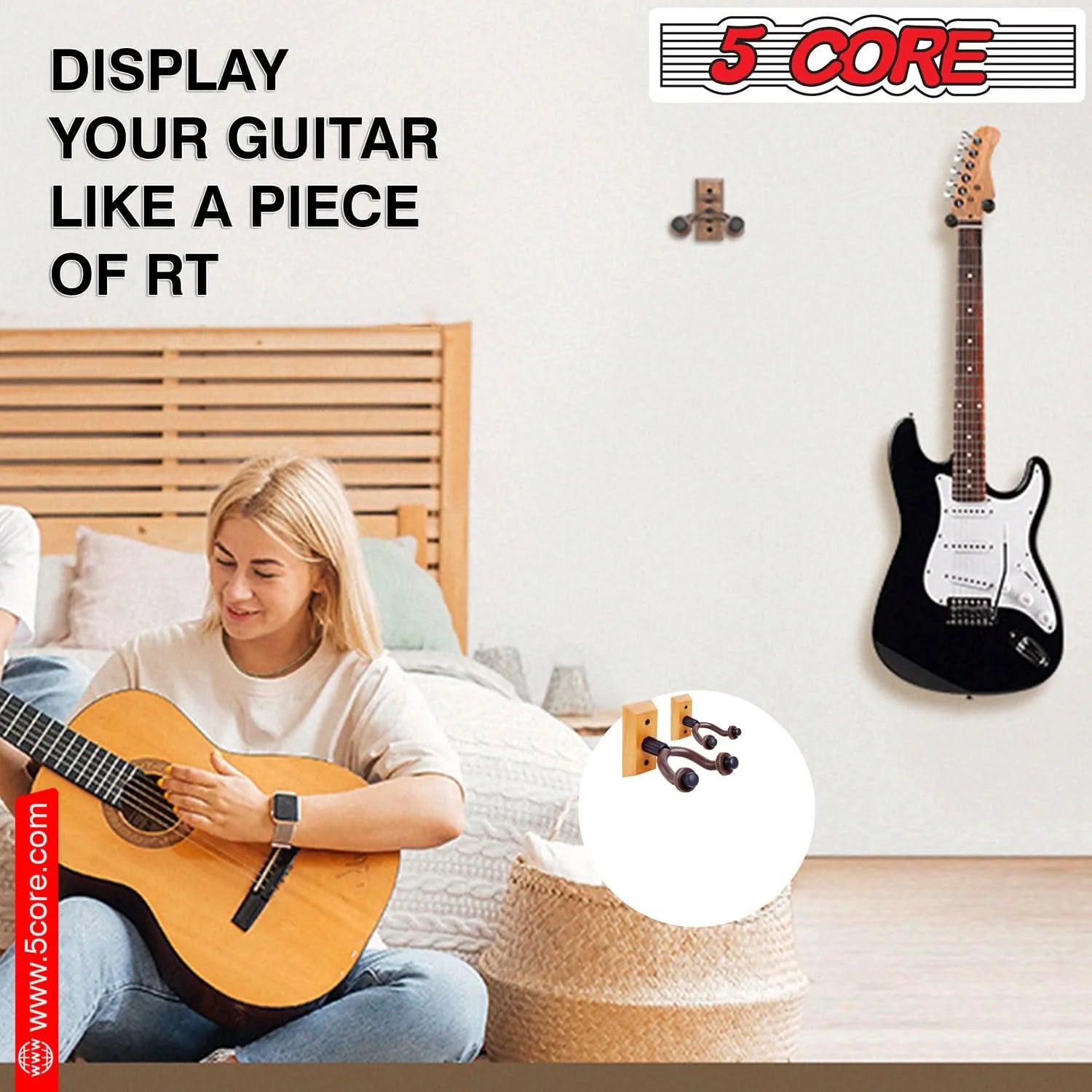 Violet Rose 5Core guitar wall mount hanger 2-pack with U-shaped wooden hooks for secure wall storage of guitars.