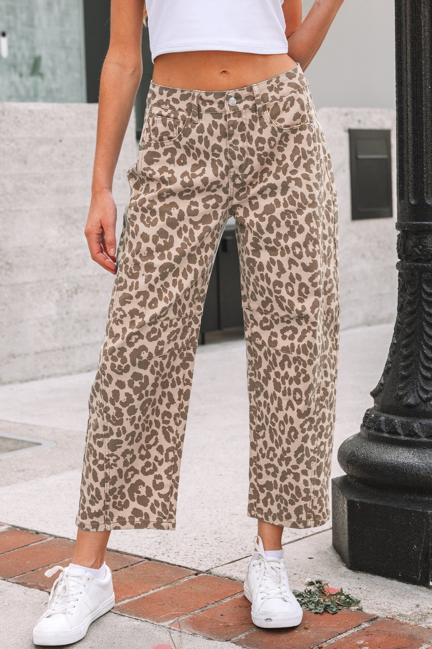 Leopard print high waist straight jeans for women by Byzantium Bay, showcasing the stylish fit and bold animal print design.