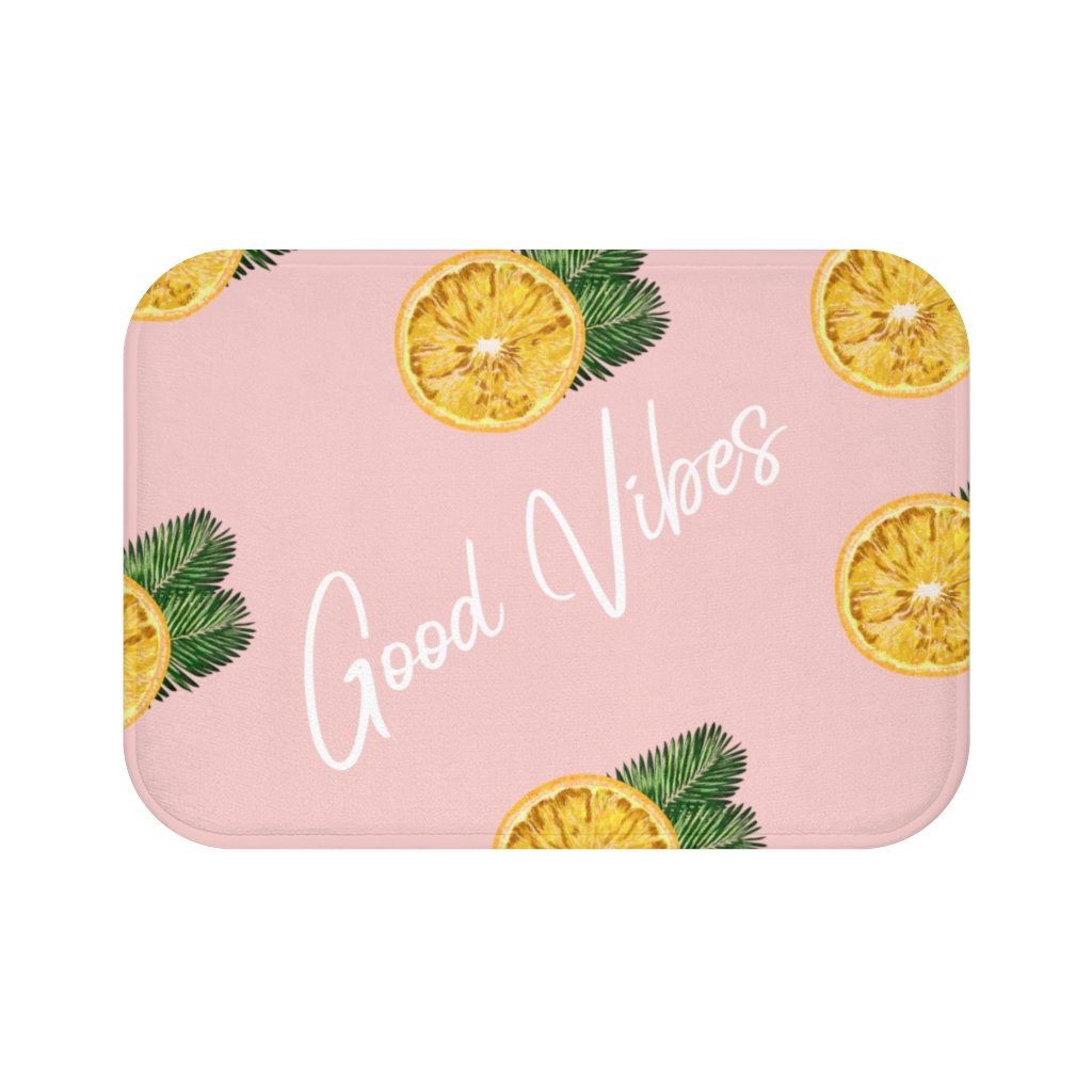 Yellow Pandora Good Vibes lemon-themed bathroom bath mat with textured surface and vibrant yellow color.