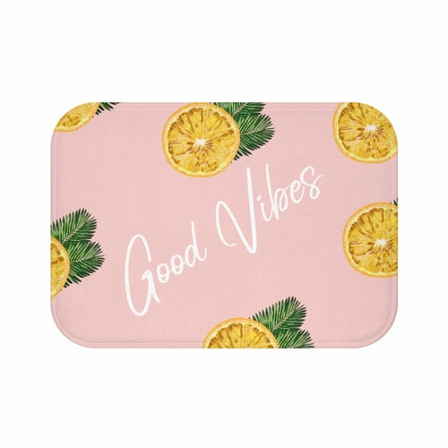 Yellow Pandora Good Vibes lemon-themed bathroom bath mat with bright yellow color and playful lemon design.