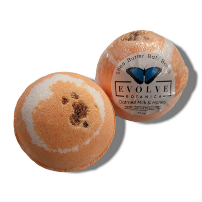 Start2Finish oatmeal milk honey bath bomb with colorful swirls and floral accents for a soothing bath experience.