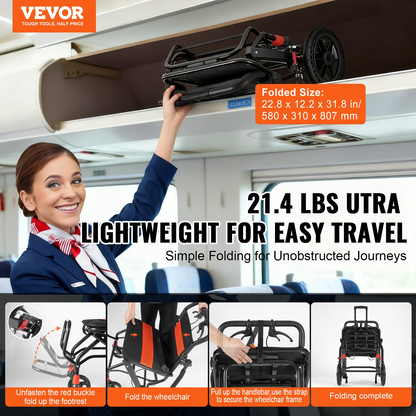 Start2Finish VEVOR lightweight aluminum wheelchair with foldable design, 18-inch seat, flip-back arms, and self-locking brakes.