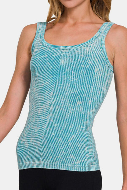 Jade Icarus Zenana ribbed scoop neck tank top with fitted style, shown in a close-up view of the fabric and neckline.