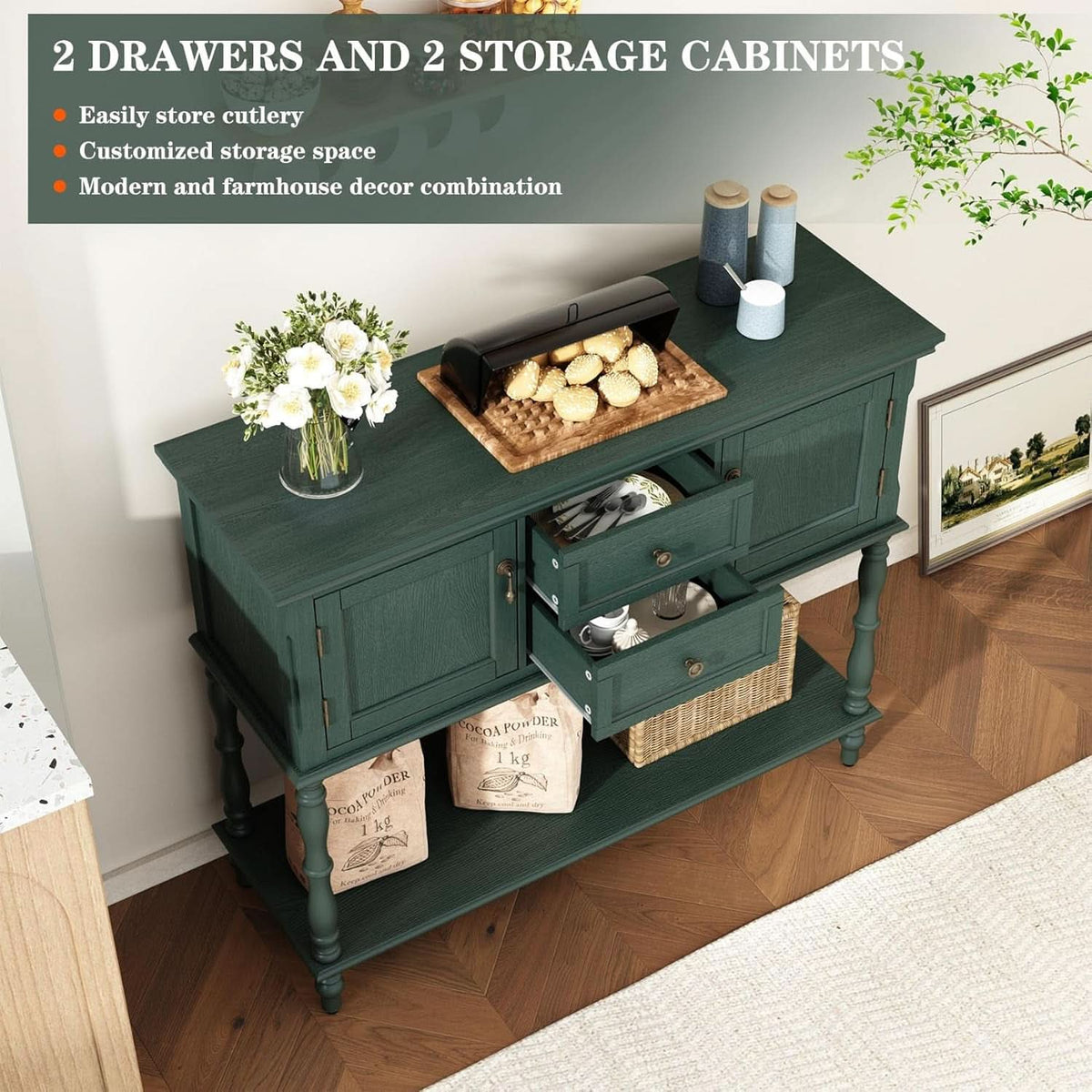 Green Contemporary Console Table With Deep Drawers