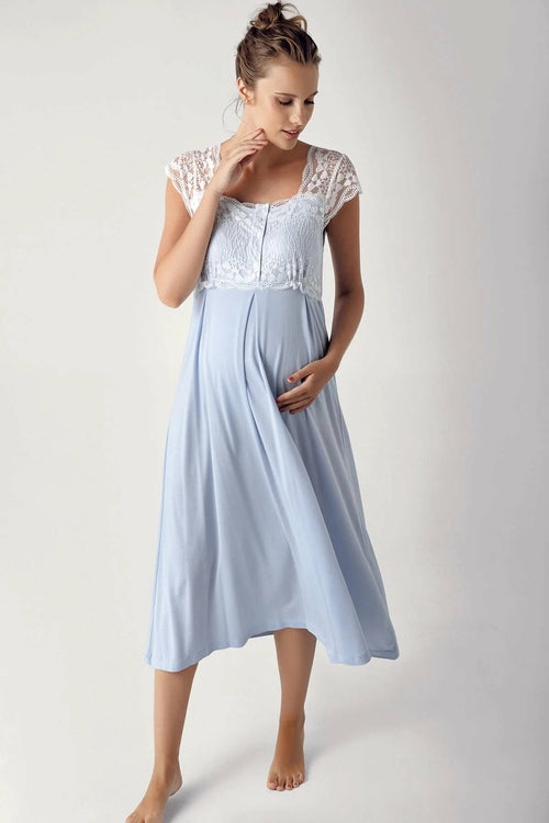 Blue lace maternity and nursing nightgown by Burgundy Artemis, featuring soft fabric and comfortable fit for nursing moms.