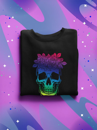 Flower skull sweatshirt by SmartPrintsInk Designs featuring a vibrant floral skull graphic on a casual apparel piece.