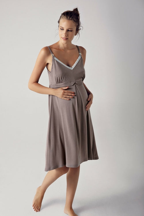 Burgundy Artemis Shopymommy 13127 coffee-colored strappy maternity and nursing nightgown with adjustable straps and soft fabric.