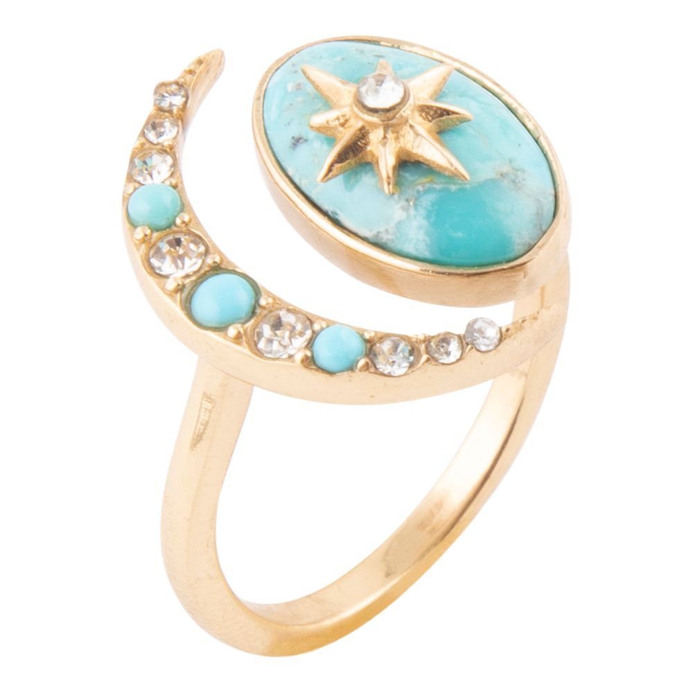 Celestial Blue Turquoise and gold bypass ring with intricate band design, crafted by Start2Finish jewelry brand.