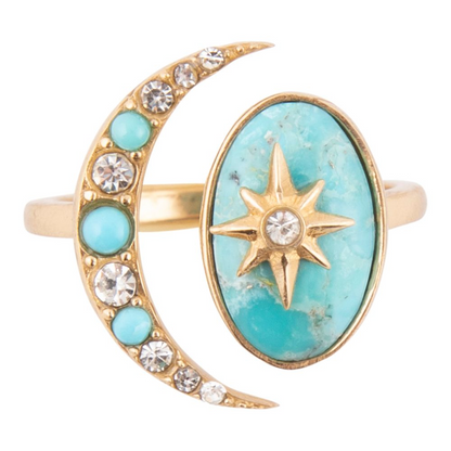 Celestial Blue Turquoise and gold bypass ring with sleek jewelry design, featuring vibrant turquoise stones and polished gold finish.