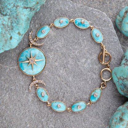 Celestial Blue Turquoise and gold link bracelet from Start2Finish jewelry with intricate chain design.