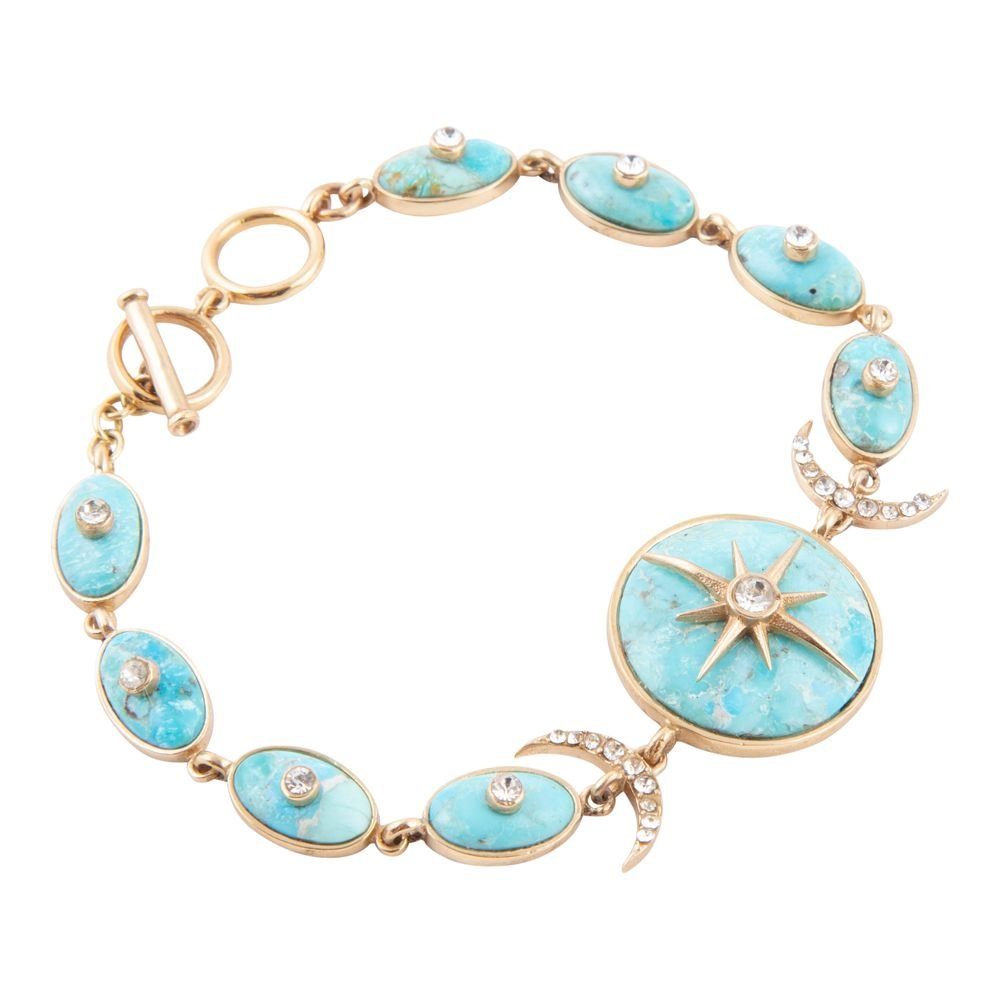 Celestial Blue Turquoise and gold link bracelet from Start2Finish jewelry, featuring a shimmering blue turquoise bead and gold chain links.