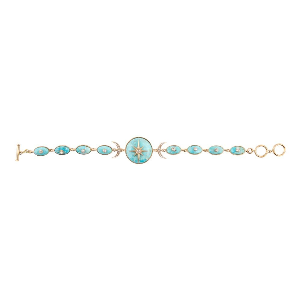 Celestial Blue Turquoise Golden Link Bracelet by Start2Finish featuring interconnected gold links and vibrant turquoise stones.
