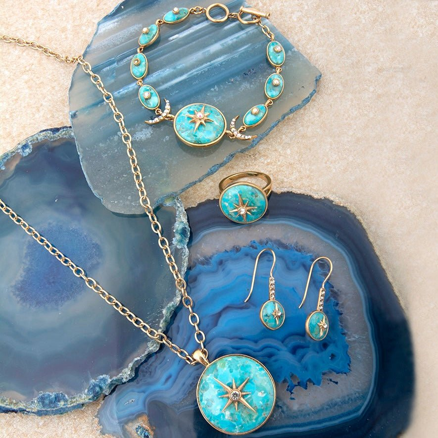 Celestial Blue Turquoise and gold link bracelet from Start2Finish, featuring a jewelry design with turquoise stones and gold accents.