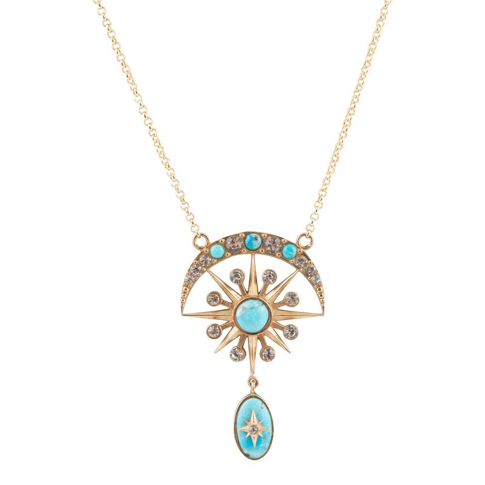 Celestial Blue Turquoise and gold drop necklace from Start2Finish featuring a vibrant turquoise pendant with gold accents.