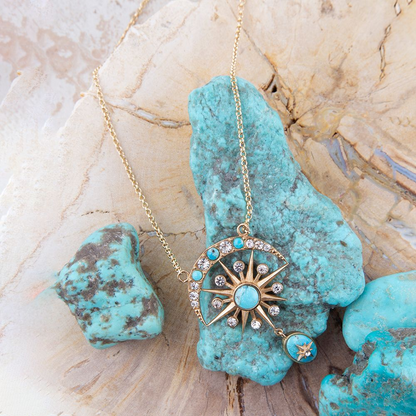 Celestial Blue Turquoise and gold drop necklace with intricate jewelry design, featuring a vibrant turquoise stone and delicate gold chain.
