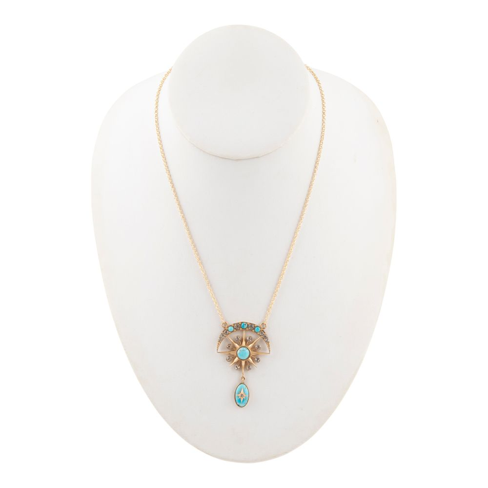Celestial blue turquoise and gold drop necklace featuring a pendant with blue turquoise stones and gold accents, jewelry by Start2Finish