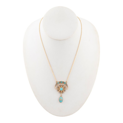 Celestial blue turquoise and gold drop necklace featuring a pendant with blue turquoise stones and gold accents, jewelry by Start2Finish