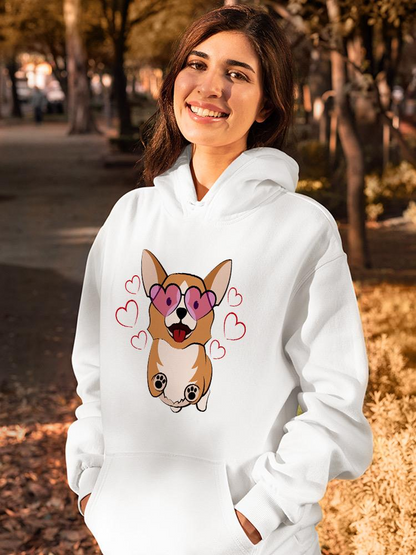 Start2Finish Corgi hoodie featuring heart glasses design, cozy apparel with playful, colorful graphics on the front.