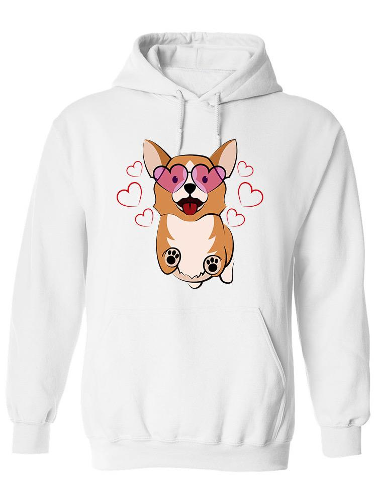 Start2Finish Corgi hoodie with heart glasses design, cozy apparel featuring a cute dog graphic on the front.