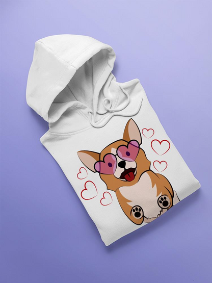 Start2Finish Corgi hoodie with heart glasses and Spideals Designs logo, casual apparel for dog lovers, front view.