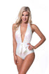White metallic plunge one-piece swimsuit for women by Jade Icarus, featuring a sleek, shiny design and plunging neckline.