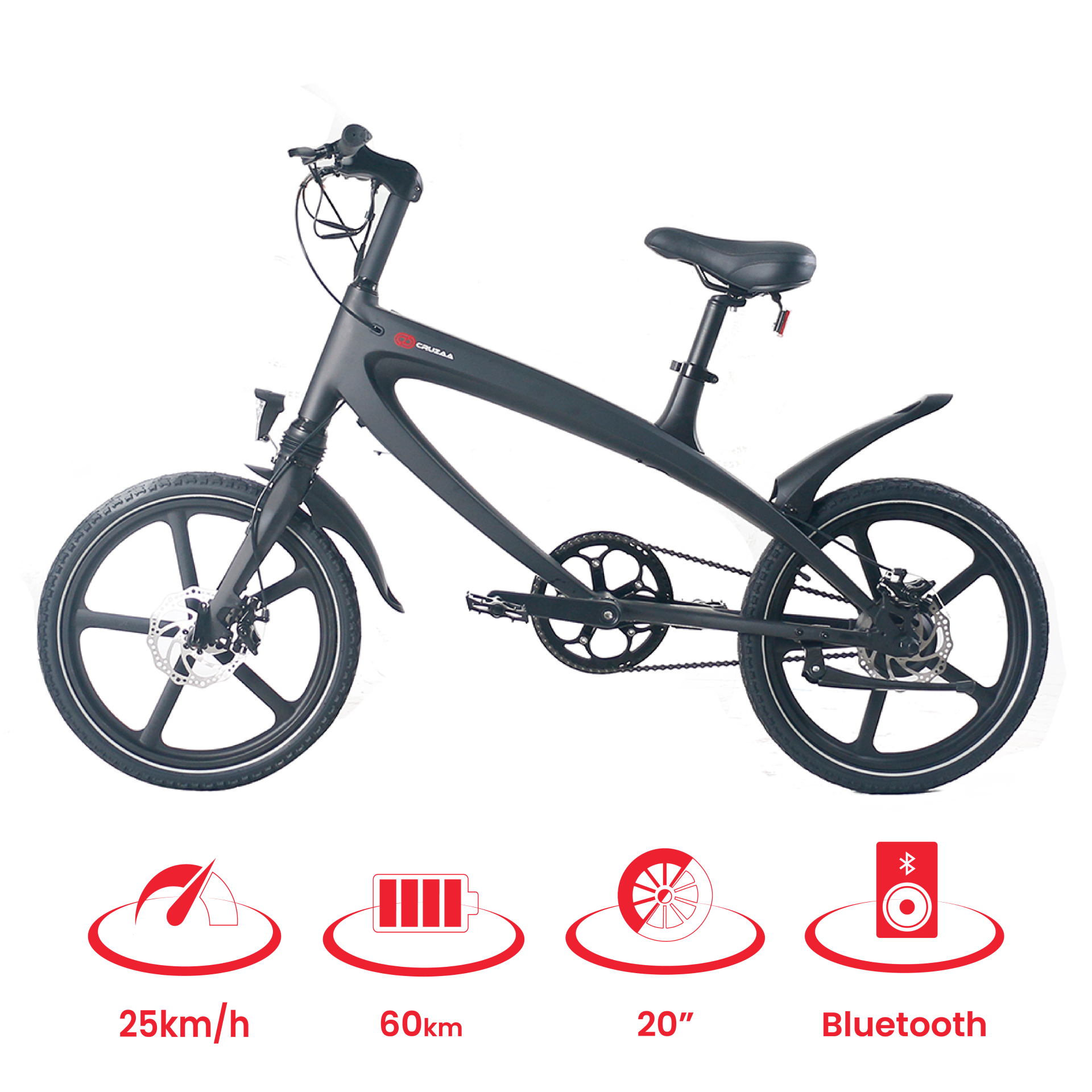 Start2Finish Carbon Black E-Bike with built-in speakers and Bluetooth, showing the sleek electric bicycle with speaker controls.
