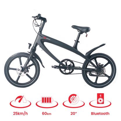 Start2Finish Carbon Black E-Bike with built-in speakers and Bluetooth, showing the sleek electric bicycle with speaker controls.