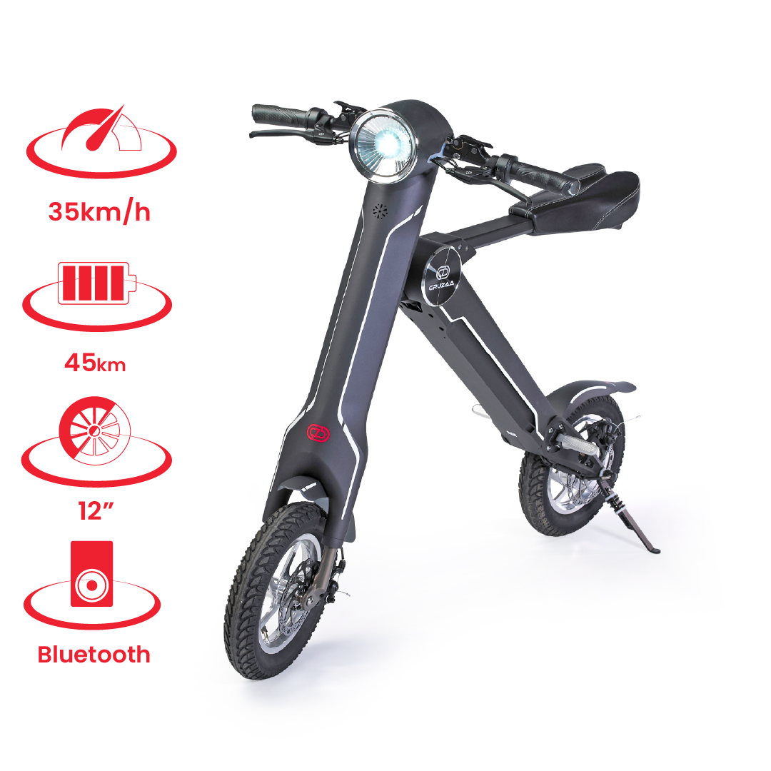 Cruzaa electric scooter in carbon black with Bluetooth speakers, USB port, 45km range, and 35km/h top speed, built by Start2Finish.