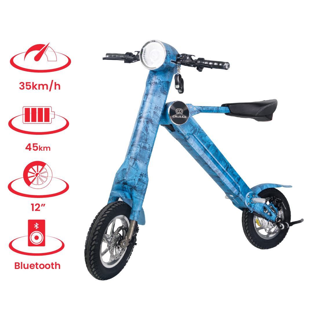 Start2Finish Cruzaa electric scooter in denim blue with Bluetooth speakers, USB port, 45km range, and top speed of 35km/h.