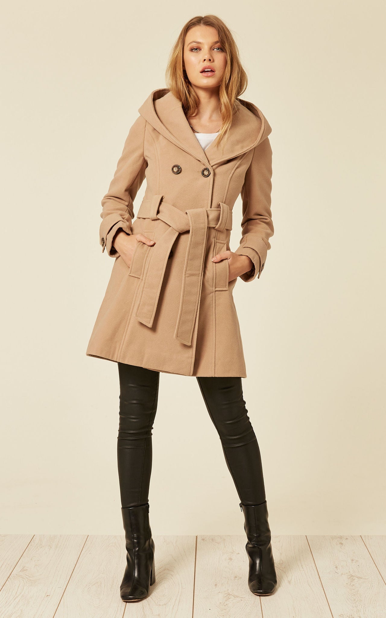Camel slim fit shawl hooded coat by Rose Eleusis, stylish jacket with a cozy hood and tailored silhouette.