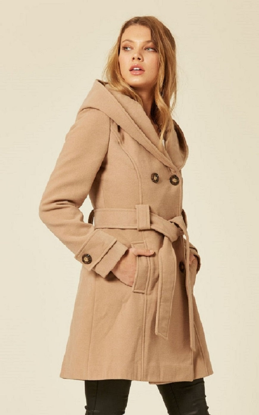 Camel slim fit shawl hooded coat by Rose Eleusis, stylish jackets and coats with a cozy hood and tailored silhouette.