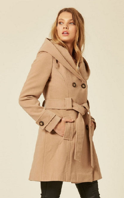 Camel slim fit shawl hooded coat by Rose Eleusis, stylish jackets and coats with a cozy hood and tailored silhouette.