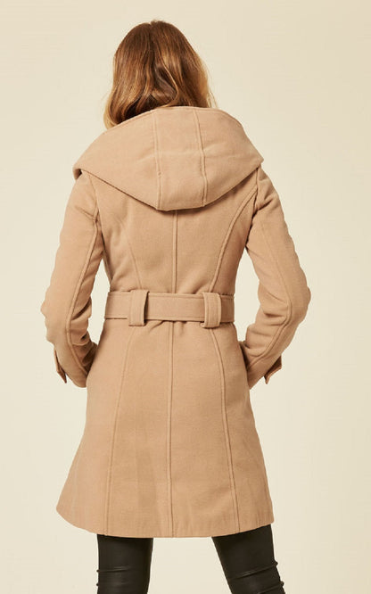 Camel slim fit shawl hooded coat by Rose Eleusis, stylish jacket with a cozy hood and tailored silhouette.