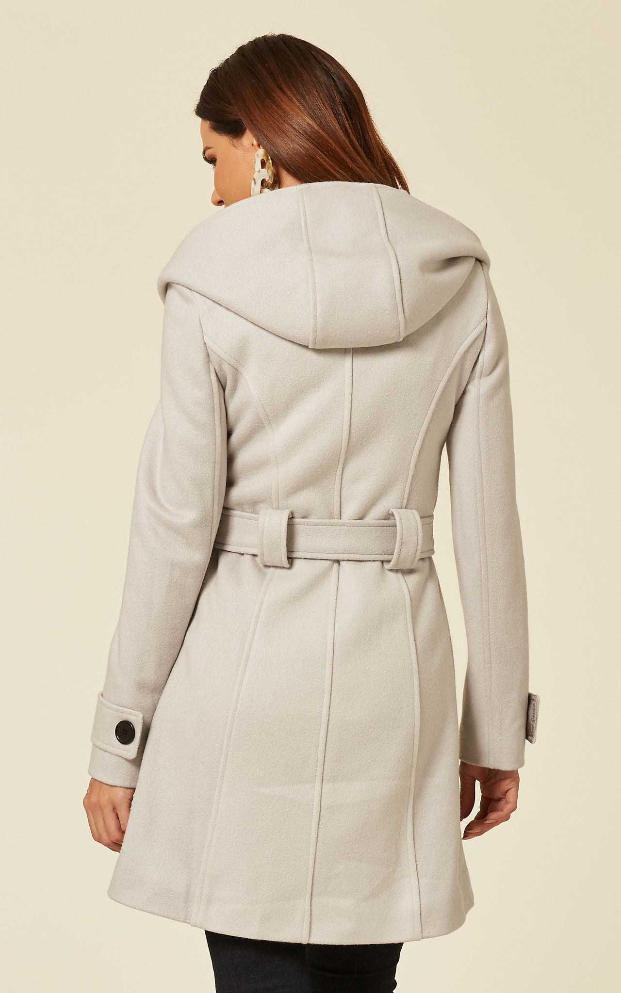 Silver slim fit shawl hooded coat by Rose Eleusis, stylish jacket with a cozy hood and tailored silhouette.