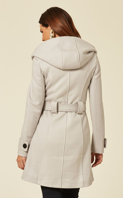 Silver slim fit shawl hooded coat by Rose Eleusis, stylish jacket with a cozy hood and tailored silhouette.