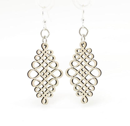Red Sunflower calligraphy dangle earrings featuring elegant, artistic designs hanging from silver hooks.