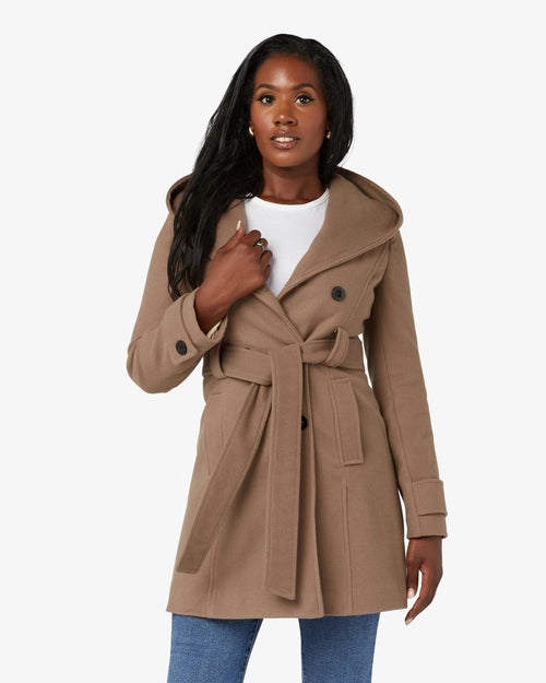 Camel slim fit shawl hooded coat by Rose Eleusis, stylish jacket with a cozy hood and tailored silhouette.